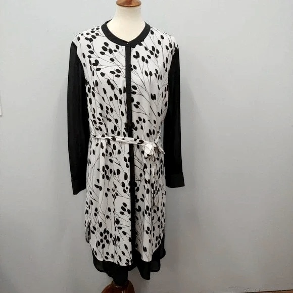 DKNY | Black/Ivory Print Shirt Dress | Size Medium - Picture 1 of 7